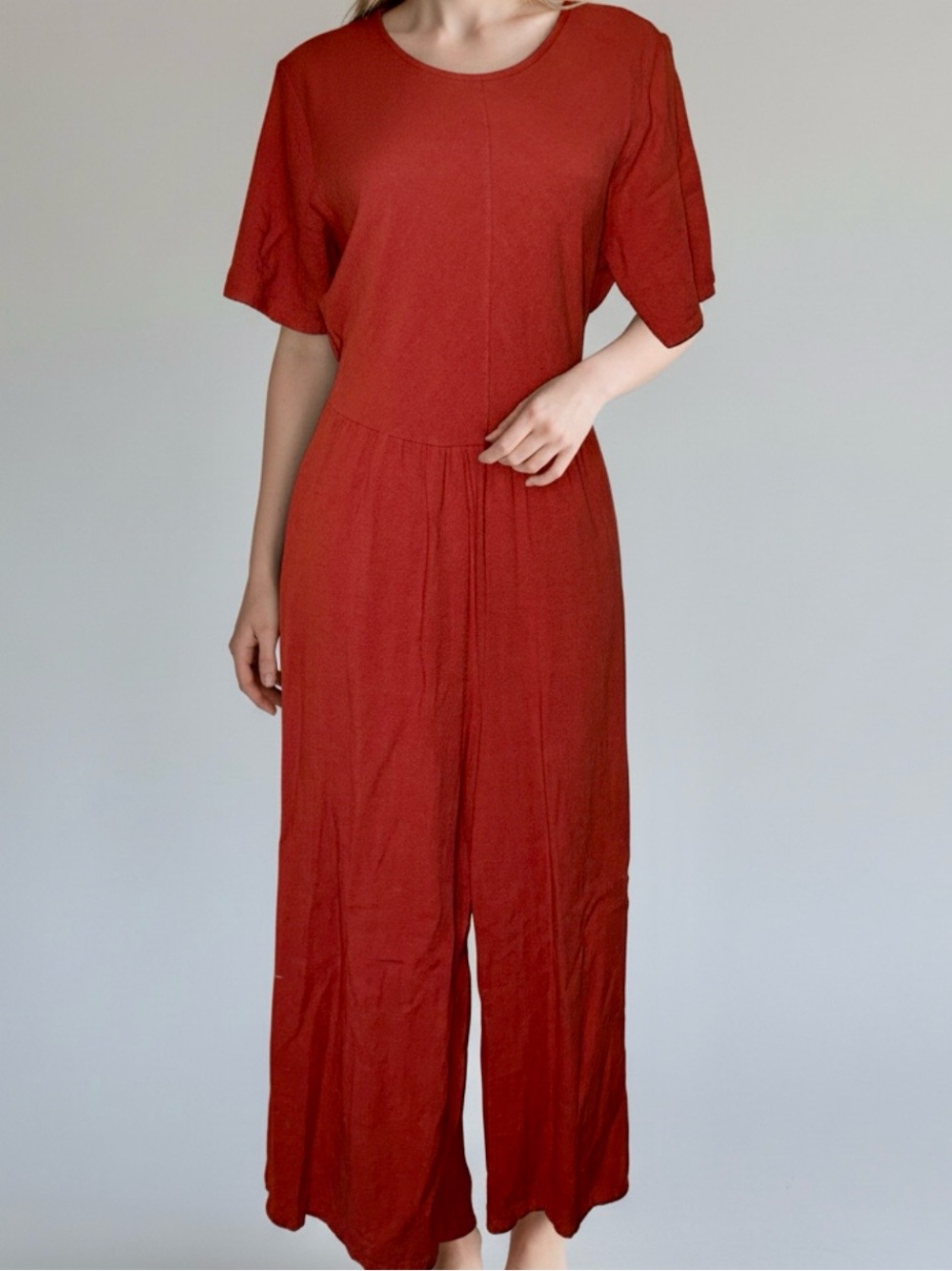 Ces Femme Wide Leg One Piece Jumpsuit Crewneck Rust Terracotta Boho Size M